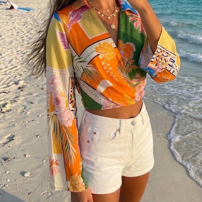 Fate Tropical Floral Bird Print Satin Bell Sleeve Crop Blouse Top In Small